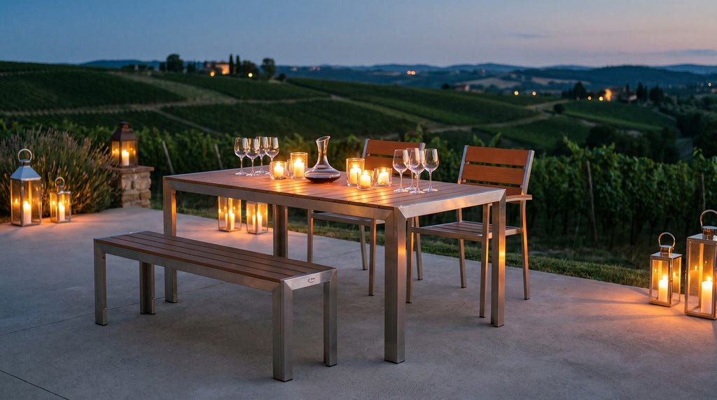 Gartenbank, Sinon teak – Einsatzbeispiel am Abend