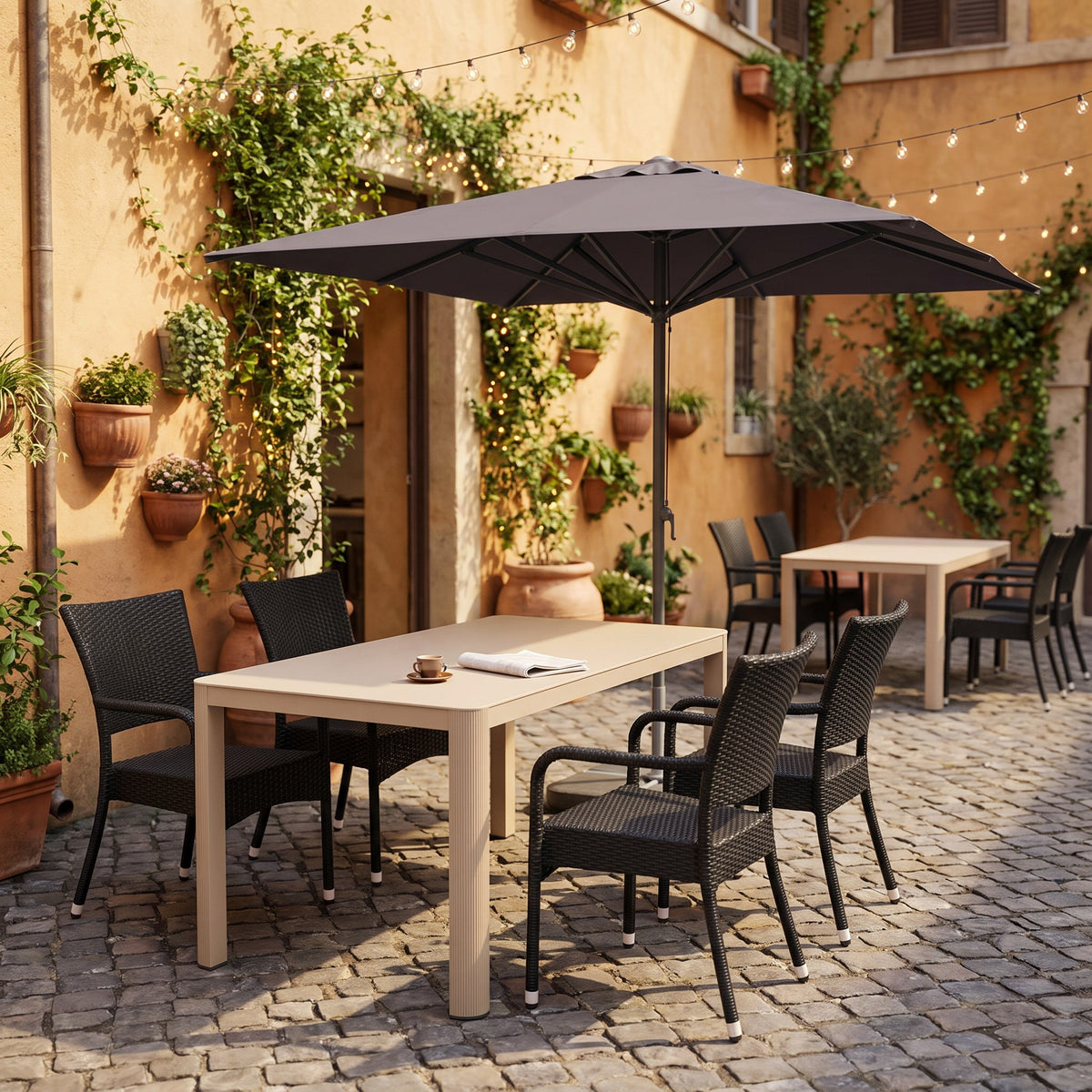 Terrassenstuhl Magnum schwarz – Einsatzbeispiel Restaurantterrasse