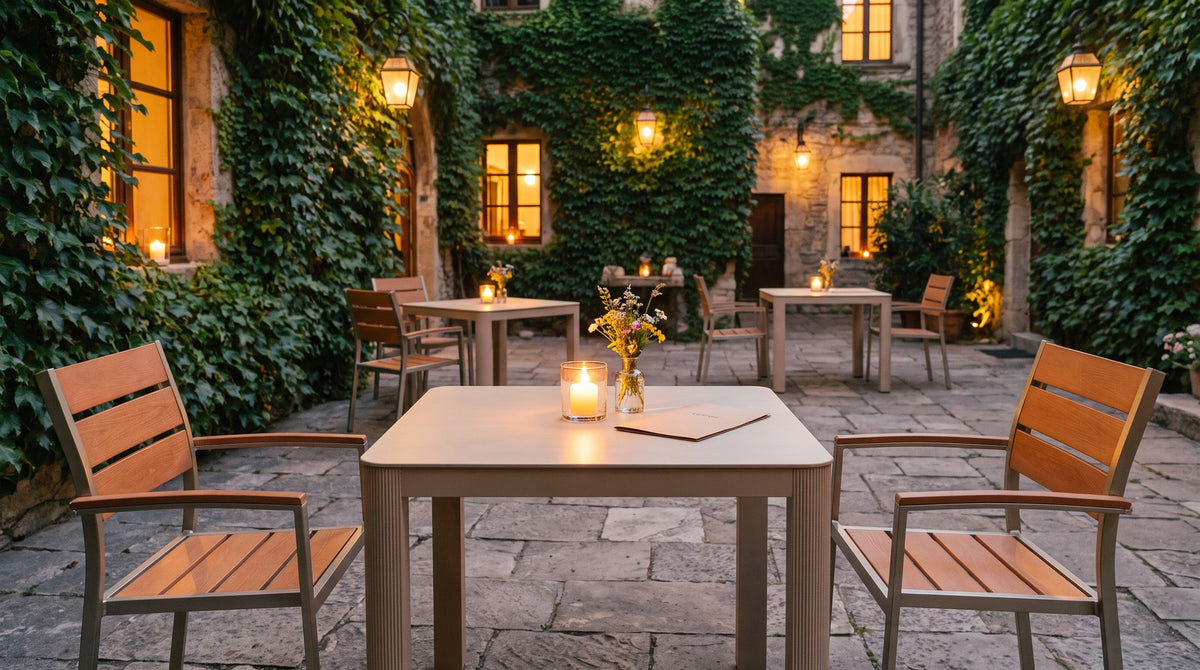 Terrassenstuhl Nestor Teak – Einsatzbeispiel am Abend