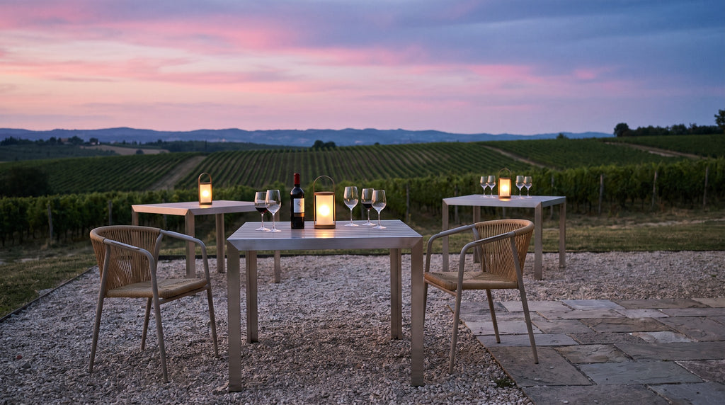 terrassenstuhl-santiago-honey – Einsatzbeispiel am Abend