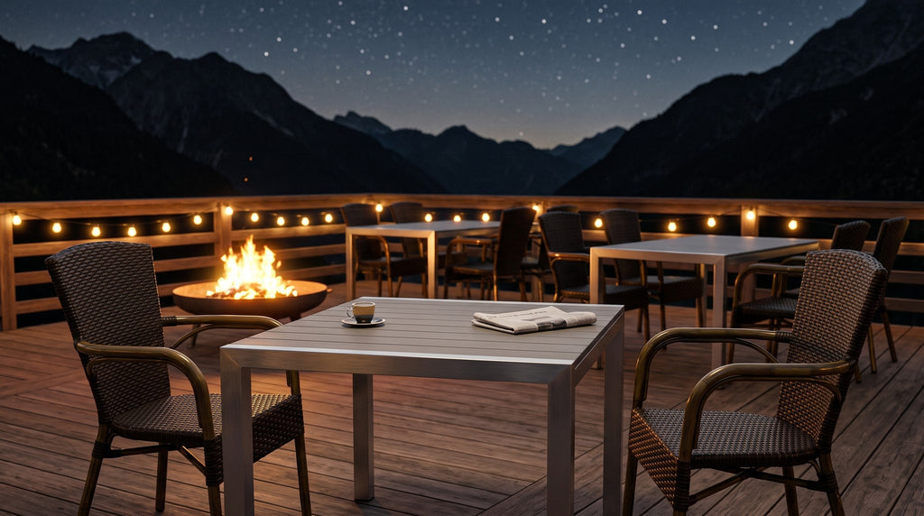 Terrassenstuhl Spring de Luxe mocca – Einsatzbeispiel am Abend