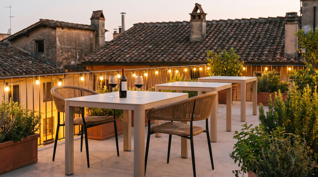 Terrassenstuhl Victoria Honey – Einsatzbeispiel am Abend